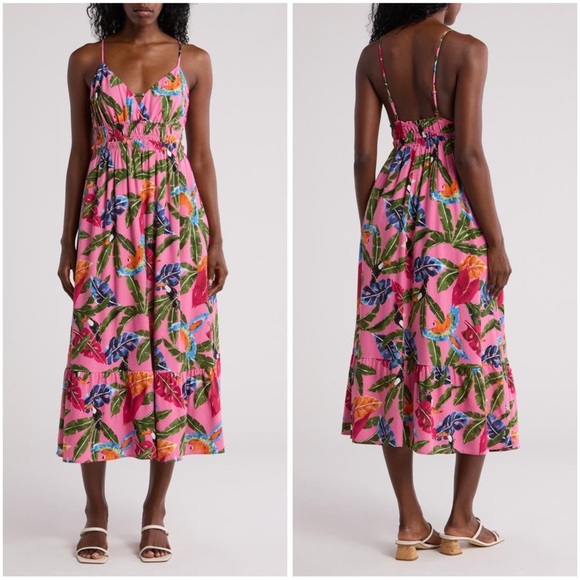 By The River Tropical Print Pink Floral Toucan Parrot Midi Dress Size Medium - Picture 1 of 9